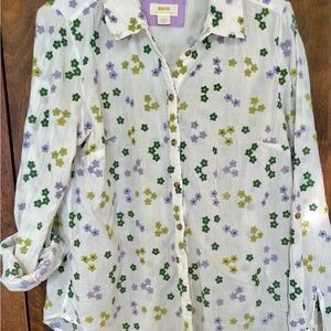 Anthropologie~Maeve White Floral Embroidered Button Down Blouse